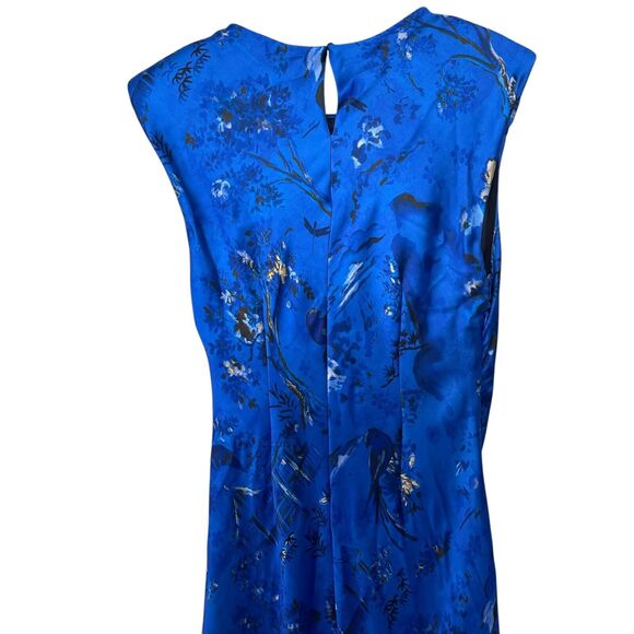 ZARA Oriental Printed Satin Midi Dress Ruched Shoulder Pads Keyhole Blue Small - Picture 11 of 12
